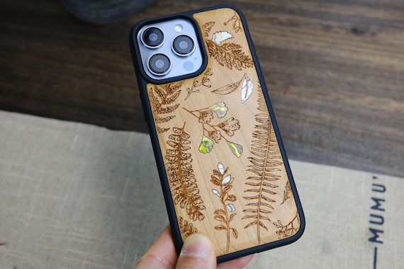 Jacobean Dreamscape: Enchanted Florals, Hand-Inlaid Wood & Mother of Pearl Case - Artisanal Cover for iPhone, Galaxy and Pixel