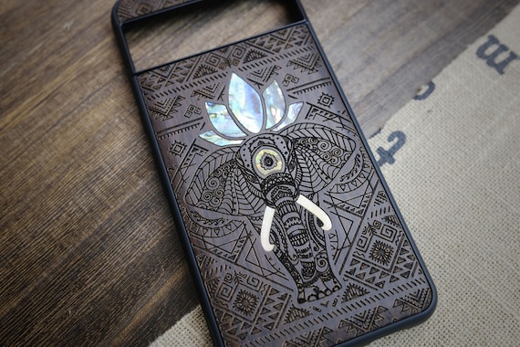 The African Elephant and the Aztec Voyage, Hand-Inlaid Wood & Mother of Pearl Case - Artisanal Cover for iPhone, Galaxy and Pixel
