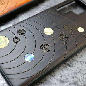 Solar System Simplicity: Nine Planets, Hand-Inlaid Wood & Mother of Pearl Case - Artisanal Cover for iPhone, Galaxy and Pixel