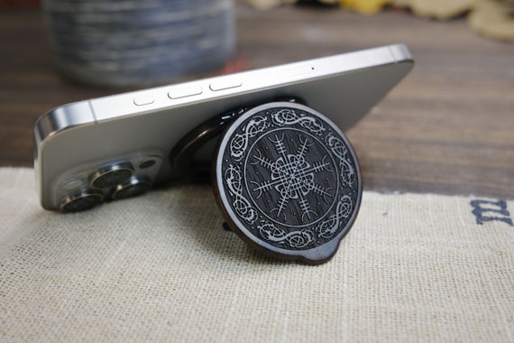 Artisan Engraved Wood and Magnetic Metal Kickstand - Versatile & Foldable Design for iPhones