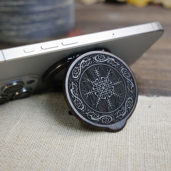 Artisan Engraved Wood and Magnetic Metal Kickstand - Versatile & Foldable Design for iPhones