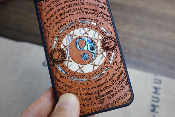 Yin Yang and Octagonal Star, Hand-Inlaid Wood & Mother of Pearl Case - Artisanal Cover for iPhone, Galaxy and Pixel
