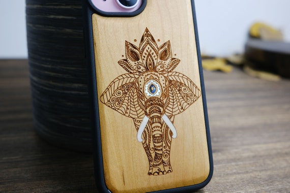 Tribal Elegance: African Elephant in Linework Art, Hand-Inlaid Wood & Mother of Pearl Case - Artisanal Cover for iPhone, Galaxy and Pixel