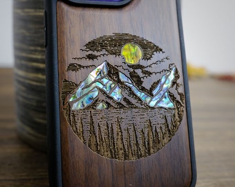 The Lens of Nature: A Captivating Landscape Painting, Hand-Inlaid Wood & Mother of Pearl Case - Artisanal Cover for iPhone, Galaxy and Pixel