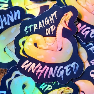 May include: A sticker with a rainbow iridescent finish featuring a cartoon snake with the text "Straight Up Unhinged".