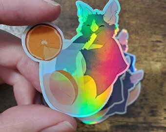 Holographic Fruit Juice Bat Sticker, Rainbow Sticker, Funny, Orange Bat Art, Bat Sticker, Laptop Decal, Water Bottle Logo, Bat Lover Gift
