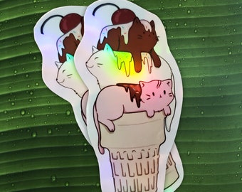 Holographic Ice Cream Cats Sticker, Rainbow Sticker, Food, Cat Art, Ice Cream Cat Sticker, Laptop Decal, Water Bottle Logo, Cat Lover Gift