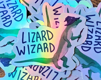 Lizard Wizard Holographic Sticker, Iridescent Sticker, Witch, Witchcraft, Magic, Laptop Decal, Water Bottle Logo, Reptile Gift