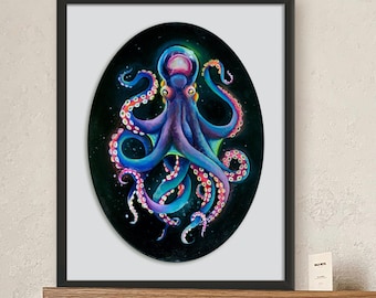 Cosmic Octopus Art Print – Vibrant Celestial Sea Creature | Colorful Underwater Wall Decor | Original Painting Reproduction