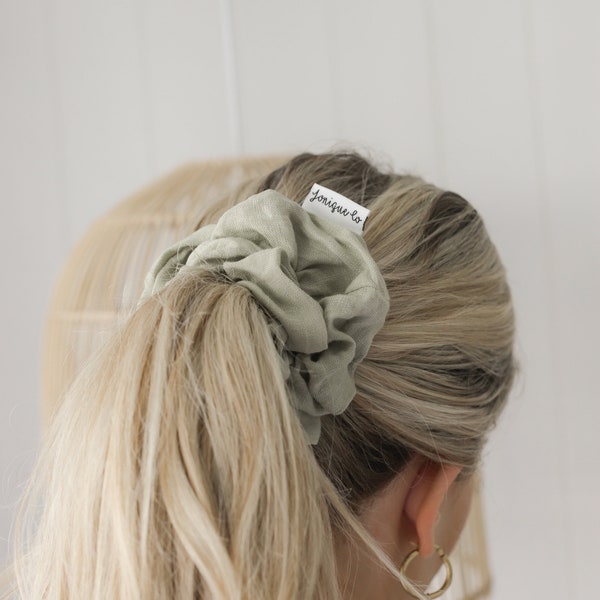 Sage Green Scrunchie. Natural linen hair accessories. Hair ties. Gift for her.