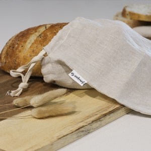 Linen bread bag. Reusable food storage with drawstring.