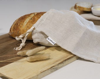 Linen bread bag. Reusable food storage with drawstring.