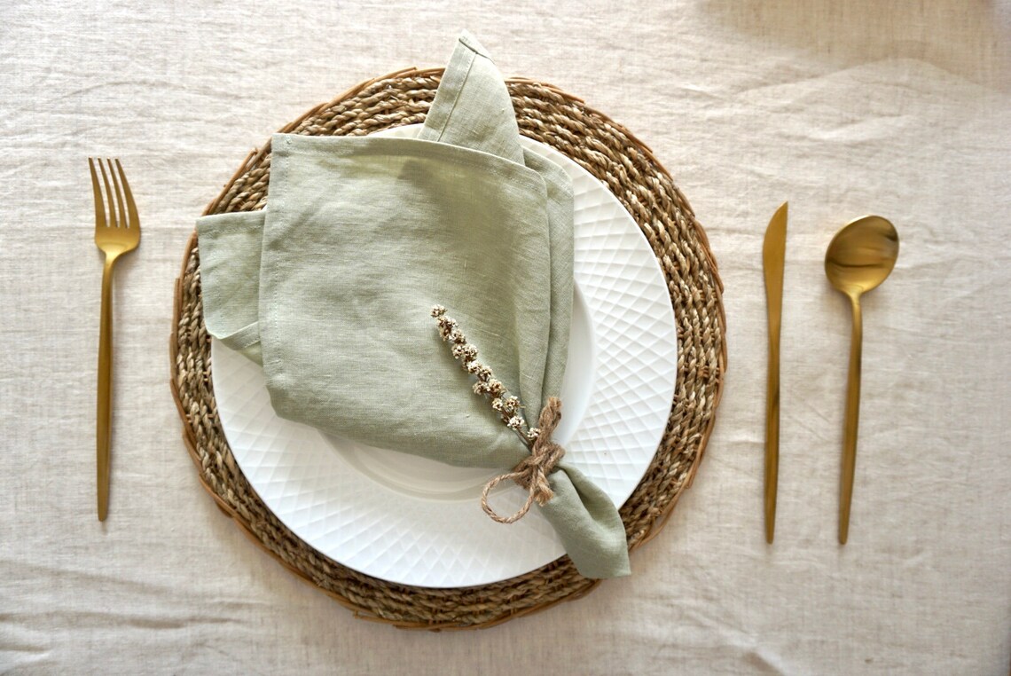 Set of 12 Sage Green Linen Napkin. Stonewashed Linen Napkin. Etsy