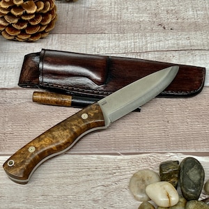 Full Tang Scandi Bohler N690 Steel Bushcraft Knife with Walnut Wood Handle and Leather Sheath Opt. Magnesium Fire Starter Camping Knife