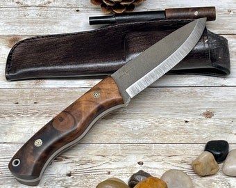 Handmade Knife, Camping Knife, Hunting Knife, Leather Sheath, Bushcraft Knife, Skinner Knife, Magnesium Fire Starter, Walnut Handle