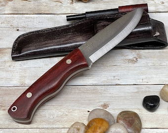 Bushcraft Knife with Padouk Wood Handle Full Tang Scandi Bohler N690 Steel and Leather Sheath + Magnesium Fire Starter, Camping Knife