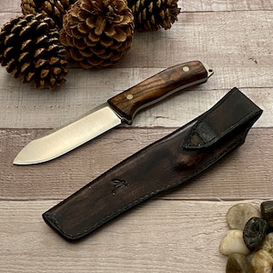 Professional Hunting Knife, Leather Sheath, Bushcraft Knife, Skinner Knife, Walnut Wood Handle Bohler N690 Camping Knife, Groomsmen Gift