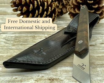 Kiridashi Knife, Japanese Wood Carving Knife 1/8 inch N690 Steel Blade Walnut or Olive Wood Handle with Leather Sheath