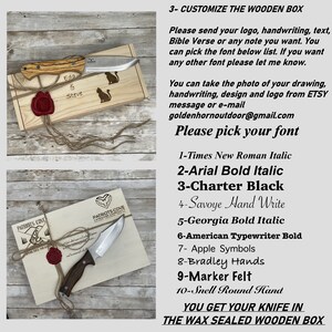 May include: A wooden box containing a knife. The box is sealed with wax and features a label reading "Patriots Cove". The box can be personalised with a logo, handwriting, text, or Bible verse. A selection of fonts is available. The text "You get your knife in the wax sealed wooden box" is also visible.