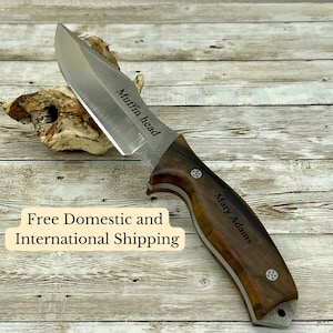 Hunting Knife with N690 Bohler Steel Walnut Handle and 1/8 inch Leather Sheath Professional Knife & Flint Rod, Customization Available
