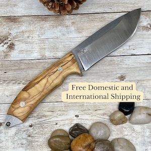 Bohler N690 Camping Knife with Personalized Wood Handle and Leather Sheath for Birthday Gift for Him Olive Handle Hunting Knife