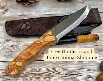 Cuchillo Bushcraft, cuchillo de camping con mango de madera personalizado y funda de cuero para regalo de aniversario para él, cuchillo Bohler N690 con mango de olivo