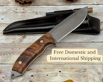 Hunting Knife with Personalized Wood Handle and Leather Sheath for Birthday or Anniversary Gift for Him Walnut Handle Bohler N690 Knife
