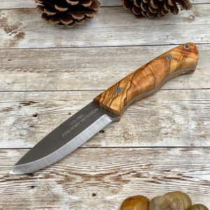 Bushcraft Knife, Camping Knife with Customized Wood Handle and Leather Sheath for Anniversary Gift for Him, Olive Handle Bohler N690 Knife