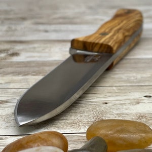 Pu&ograve; includere: Primo piano di un coltello argentato con manico in legno. Il coltello ha una lama affilata e una finitura liscia e lucida. Il manico &egrave; in legno marrone chiaro con una venatura naturale.