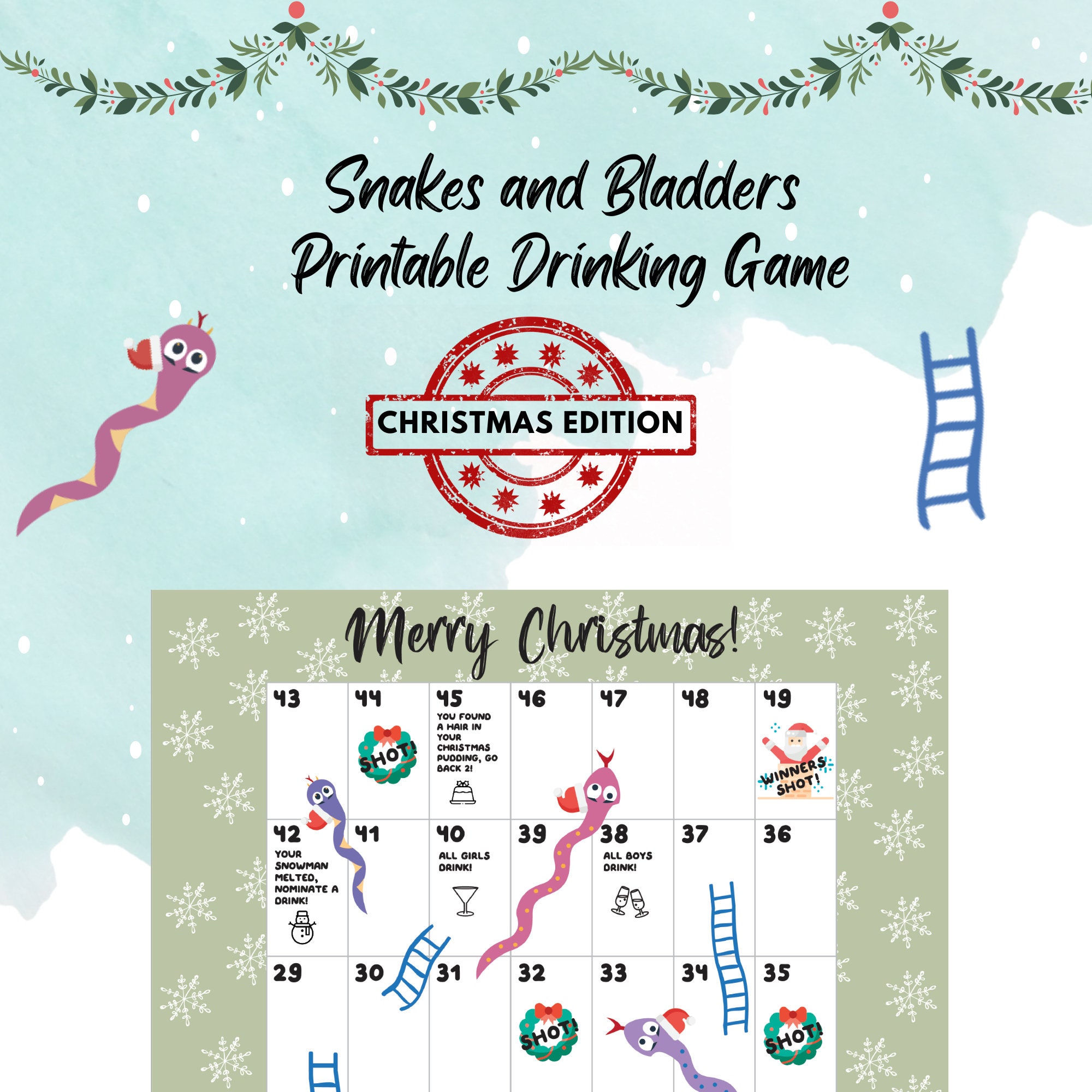 printable christmas snakes and ladders drinking board game digital