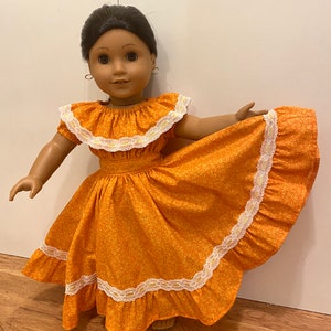 Orange floral Spanish style fiesta dress fits 18” girl dolls