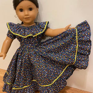 Vintage navy blue floral Spanish style fiesta dress fits 18” girl dolls