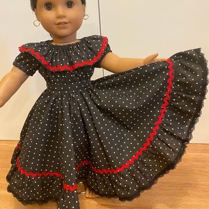 Black white red Spanish style fiesta dress fits 18” girl dolls