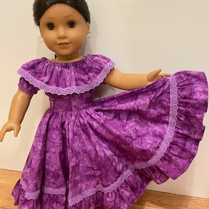 Purple batik Spanish style fiesta dress fits 18” girl dolls