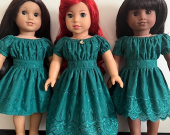3 Variations Emerald Green Eyelet dress fits 18” girl dolls