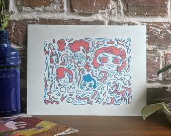 May include: A whimsical illustration featuring a group of cartoon faces with red and blue outlines. The faces are surrounded by abstract shapes and lines, creating a playful and energetic design.