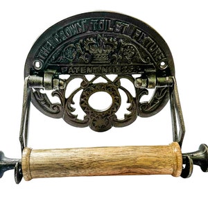 The Crown Toilet Fixture  Cast Iron Toilet Towel Roll Holder Wooden Teak Bathroom