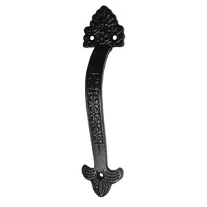 May include: Black cast iron door handle with an ornate design. The handle has a curved shape and a pointed top and bottom.