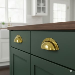 Op de afbeelding: Close-up van een keukeneiland met donkergroene kasten en een donkerhouten aanrechtblad. Twee goudkleurige, halvemaanvormige ladehandgrepen zijn zichtbaar op de kastdeuren. De achtergrond toont een raam en een witte deur.