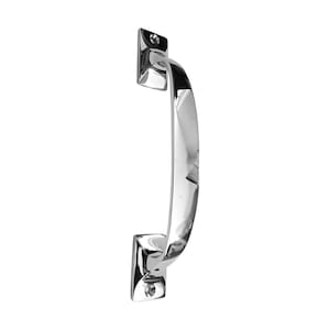 May include: A polished chrome door handle with a curved design and square plates.