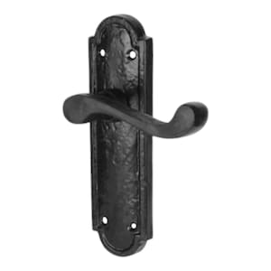 May include: Black cast iron door handle with a textured surface. The handle has a curved lever and a rectangular backplate with decorative detailing. The door handle is designed for interior or exterior use.