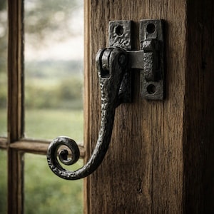 May include: A black metal window latch with a textured, hammered finish and a curved, scroll-shaped handle. The hardware is mounted onto a vertical wooden frame, featuring a rectangular base plate with two screw holes for secure installation.