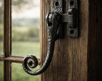 Black Iron Monkey Tail Window Fastener | Rustic Casement Window Latch