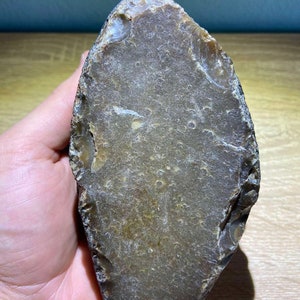 May include: A rough-hewn, oblong stone with a mottled, earthy brown surface. The stone has a natural, irregular shape with a textured appearance. The edges show a slightly lighter color, and the overall aesthetic suggests a raw, organic material.