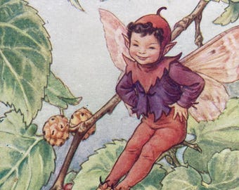The Mulberry Fairy, Original 1940s Flower Fairies Print, Vintage Children's Book Plate Illustration
