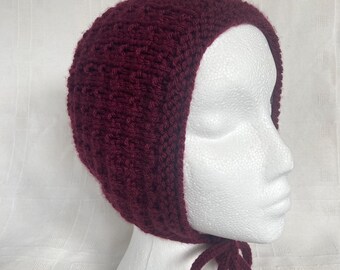 Hand Knitted Women's Bonnet with Bow Tie Fastening