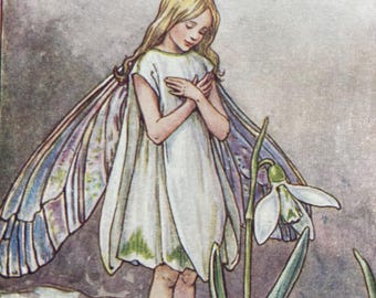 The Snowdrop Fairy, Original 1930s Flower Fairies Print, Children's Book Illustration, Nursery Art