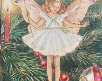 The Christmas Tree Fairy, Original 1940s Flower Fairies Print, Vintage Children's Book Plate Illustration