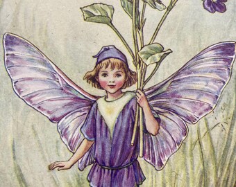The Dog-Violet Fairy, Original 1930s Flower Fairies Print, Children's Book Illustration, Nursery Art