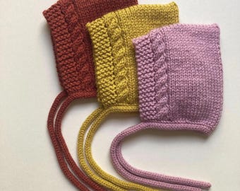 Hand Knit Cable Baby Pixie Hat with Tie Fastening